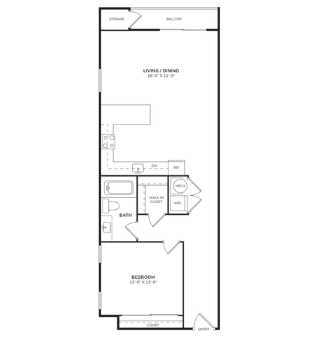 Floor plan for 1 bed, 1 bath, 825 sqft